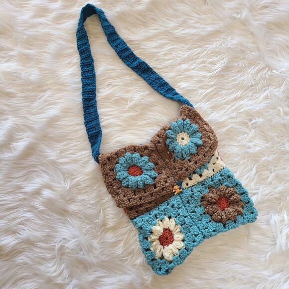 Vintage Handbags - Vintage Crochet Floral Purse Bag Handmade Cottagecore Boho 90's Granny Square